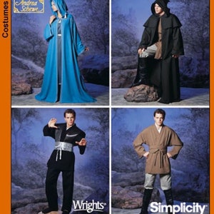 May include: Four costume patterns are displayed. The top left shows a long, hooded blue robe. The top right shows a black hooded cloak. The bottom left shows a black outfit with a silver belt. The bottom right shows a brown robe. The image includes the text "Andrea Schewe", "Wrights", and "Simplicity".