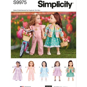 May include: Simplicity sewing pattern S9975 for 18-inch dolls. The pattern features doll clothes, including a pink jumpsuit, a blue dress, and a plaid jacket. The dolls are shown with a bicycle and baskets of flowers. The text "easy-to-sew" is visible.
