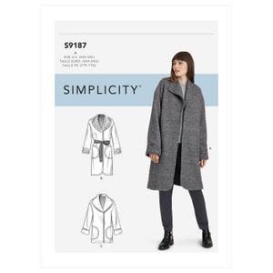 May include: Simplicity sewing pattern number S9187 for a coat with a collar, pockets, and a belt. The pattern includes three views: a long coat with a collar, a long coat with a fur collar, and a shorter coat with a collar.