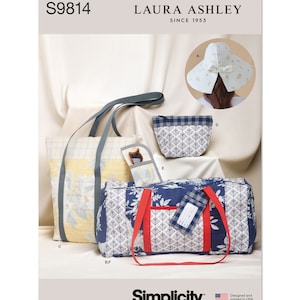 May include: A sewing pattern for a set of bags and a hat. The pattern includes instructions for a tote bag, a duffel bag, a small pouch, and a sun hat. The pattern is from Laura Ashley and is designed and printed in the USA.