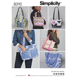 May include: Simplicity pattern 8310 features several tote bag designs. The bags vary in style, with options including floral, geometric, and patterned fabrics. The image shows the bags being held by people. The pattern is designed and printed in the USA.