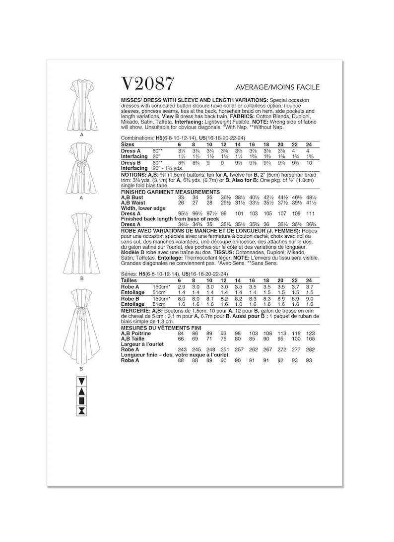 Puede incluir: Patr&oacute;n de costura para un vestido de mujer con variaciones de manga y longitud. El patr&oacute;n incluye instrucciones para un vestido con cierre de bot&oacute;n oculto, mangas con volantes, costuras princesa, lazos en la espalda, ribete de crin de caballo en el dobladillo, bolsillos laterales y variaciones de longitud. El patr&oacute;n tambi&eacute;n incluye instrucciones para un vestido con cola en la espalda. El patr&oacute;n est&aacute; disponible en las tallas 6-24.