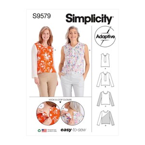 May include: Simplicity sewing pattern S9579 for a top with a hook and loop closure. The pattern includes four different views: sleeveless, long sleeve, long sleeve with a contrasting panel, and a long sleeve with a contrasting panel and a tie at the neck. The pattern is labeled "Adaptive" and "easy-to-sew".