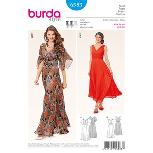 May include: A sewing pattern for two maxi dresses. The first dress is a long, flowing, red dress with a V-neckline. The second dress is a long, flowing, orange and black dress with a V-neckline and a paisley print. The pattern is for sizes EUR 34-46 and US 8-20.