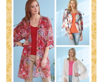 May include: Three different styles of long, open-front cardigans. The first cardigan is red with a paisley pattern, the second is blue with a floral pattern, and the third is white with a mesh pattern.