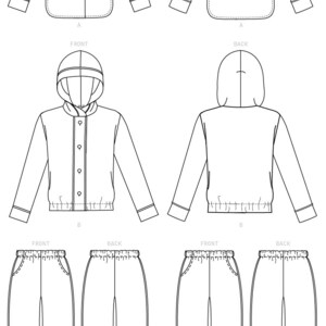 以下が含まれることがあります： シャツ、パーカー、パンツの洋服のパターンを線で描いたものです。パターンには、各衣服の正面と背面の図が含まれています。