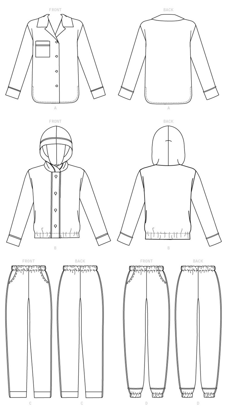 以下が含まれることがあります： シャツ、パーカー、パンツの洋服のパターンを線で描いたものです。パターンには、各衣服の正面と背面の図が含まれています。