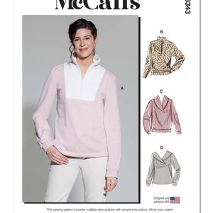 May include: Sewing pattern for a women's pullover sweater with four different views. The pattern includes a pink sweater with a white panel, a leopard print sweater, a burgundy sweater with a cowl neck, and a gray sweater with a V-neck. The pattern is designed and printed in the USA. McCall's M8343.