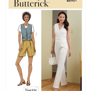 May include: A sewing pattern for a sleeveless vest and pants. The pattern is from Butterick and has the number B6901. The pattern includes two different styles for the vest, one with a more fitted look and one with a looser fit. The pants are a wide-leg style.