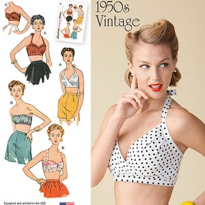 May include: A vintage sewing pattern for a halter top with a 1950s style. The pattern is called Simplicity 1426 and features a woman wearing a white and black polka dot halter top with a yellow skirt.