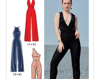 May include: A sewing pattern for a jumpsuit with a deep V-neckline. The pattern includes four different styles: a wide-leg jumpsuit with a solid red fabric, a wide-leg jumpsuit with a solid blue fabric, a jumpsuit with a one-shoulder neckline and a sparkly fabric, and a jumpsuit with a deep V-neckline and a solid black fabric. The pattern is called McCall's M7910.