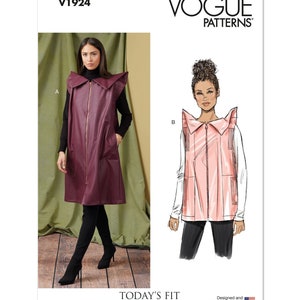 May include: Vogue Patterns sewing pattern featuring a sleeveless vest with a large collar and a zipper closure. The pattern includes a photo of the finished garment in a burgundy color and a line drawing of a pink vest. The text "TODAY'S FIT" is also visible.