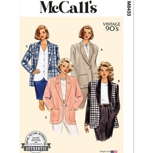 May include: Vintage McCall's sewing pattern for a blazer, featuring three different styles: a plaid blazer, a solid pink blazer, and a black and white checkered blazer. The pattern includes additional size options and cutting layouts. The pattern is labeled "Vintage 90's" and "Authentic".