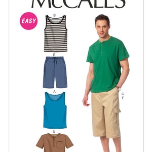 May include: A sewing pattern for men's clothing. The pattern includes instructions for making a striped tank top, a solid blue tank top, a green t-shirt with a button detail, a brown t-shirt with a pocket, and a pair of blue shorts and a pair of khaki cargo shorts. The pattern is labeled "Easy" and "McCall's".