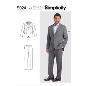 May include: A sewing pattern for a suit jacket and pants. The pattern is for sizes US 34-42, Talla Euro 44-52, Taille Fr. 44-52. The pattern is called Simplicity S9241 AA.