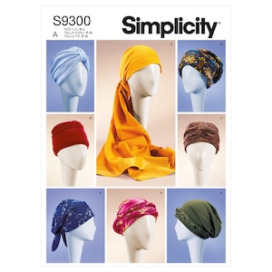 May include: Simplicity sewing pattern S9300 for making six different styles of headwear. The pattern includes a blue turban, a yellow scarf, a floral patterned hat, a red velvet hat, a brown patterned hat, a blue bandana, a pink patterned hat, and a green beanie.