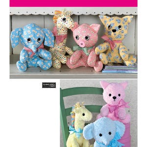 May include: A sewing pattern for making stuffed animal toys. The pattern includes instructions for making a giraffe, elephant, pig, and cat. The pattern is from Simplicity and is number 2613.