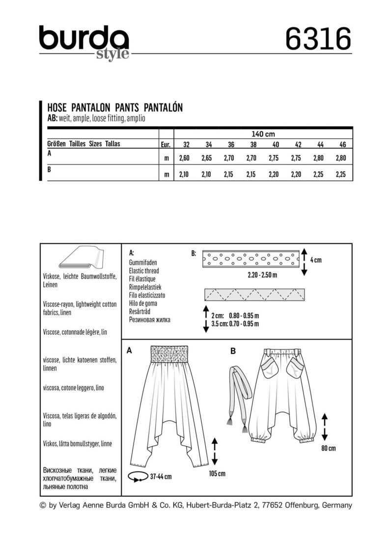 Misses' Harem Pants Burda Style Sewing Pattern 6316 Uncut, FF Size (6 ...