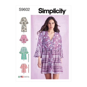 May include: Simplicity pattern S9602 features a woman wearing a paisley print dress with a V-neck and drawstring waist. The pattern includes illustrations of various robe and dress designs. The text "Simplicity" is displayed in black.