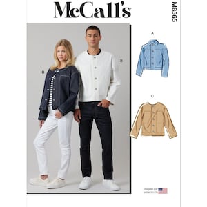 May include: A sewing pattern for a jacket with three different styles. The pattern is from McCall's and the pattern number is M8565. The pattern shows a white jacket, a blue denim jacket, and a tan jacket.