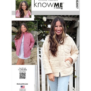 May include: A sewing pattern for a quilted jacket with two different color options: a pink quilted jacket with a white trim and a cream quilted jacket. The pattern is called "knowME" by mimig and is designed and printed in the USA.