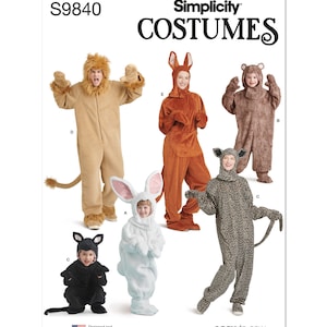 May include: A sewing pattern for making six different animal costumes. The pattern includes a lion, kangaroo, bear, leopard, bunny, and cat costume. The pattern is from Simplicity and is easy to sew.