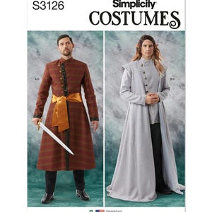 May include: Simplicity Costumes pattern featuring two medieval-style outfits. One is a long, red-brown coat with gold accents and a matching sash. The other is a long, gray coat with a high collar.