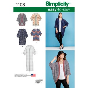 May include: Simplicity easy-to-sew pattern 1108 features various kimono-style jackets. The image shows several design options, including a long, open-front cardigan and shorter, patterned kimonos. The pattern is designed and printed in the USA.
