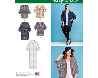 May include: Simplicity easy-to-sew pattern 1108 features various kimono-style jackets. The image shows several design options, including a long, open-front cardigan and shorter, patterned kimonos. The pattern is designed and printed in the USA.