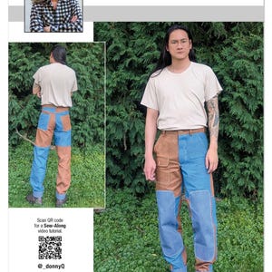 May include: A sewing pattern package with a photo of a person wearing color-blocked jeans. The jeans are blue and brown. The package includes the text "DONNY Q knowME by mimi g" and "ME2154".