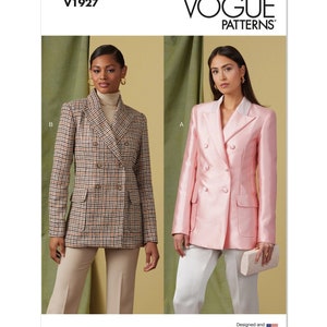 May include: Vogue Patterns V1927 sewing pattern for a double-breasted blazer with a notched collar. The pattern includes two versions: a plaid blazer and a pink blazer.