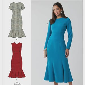 May include: Simplicity sewing pattern S3301 features a long-sleeved, calf-length dress with a flared hem. The pattern includes illustrations of a tweed-textured short-sleeve version and a sleeveless red plaid version alongside the blue long-sleeve dress.