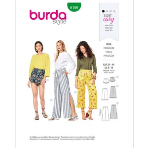 May include: A sewing pattern for pants with a side slit. The pattern is labeled "Burda Style" and includes instructions for sizes 8-18. The pattern is labeled "super easy" and includes three different styles of pants.