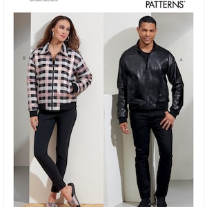 May include: Two jackets, one with a black and white plaid pattern and the other a black leather jacket. Both jackets have a zipper closure and are styled with a stand-up collar. The text "V1877" and "VOGUE PATTERNS" is visible in the image.