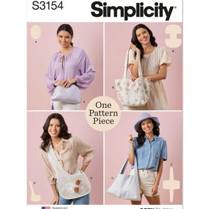 May include: Simplicity sewing pattern S3154, featuring four bag designs. The image shows a variety of bags, including a tote bag with floral print, a crossbody bag, and a shoulder bag. The pattern is designed and printed in the USA.