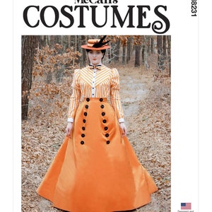 May include: McCall's Costumes pattern number M8231 for a vintage-style dress with a striped blouse and a long orange skirt. The model is wearing a black hat with a feather.