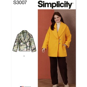 May include: Simplicity sewing pattern S3007 for a coat with a collar. The pattern shows a yellow coat with a button closure and a green camouflage jacket.