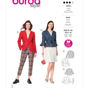 May include: A sewing pattern for a jacket with two different styles. The pattern is for sizes 8-18 and is labeled "Step by Step".