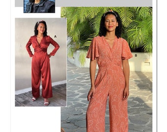 May include: A sewing pattern for a jumpsuit with a V-neck and wide legs. The pattern is available in two styles: one with a solid color and one with a print of abstract faces. The pattern is from the "knowME by mimiG" brand and is labeled "ME2008".