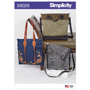 May include: Simplicity pattern S9029 featuring three different bag designs. One denim tote bag with floral embroidery and leather handles. A green and black tote bag with a shoulder strap. A black and gray messenger bag with a flap.