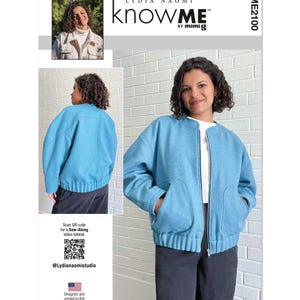 May include: A blue bomber jacket with a zipper closure and two pockets. The jacket has a ribbed hem and cuffs. The text "knowME by mimig" is printed on the top of the image. The text "ME2100" is printed on the right side of the image.
