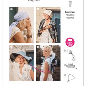 May include: A Burda Style 5634 sewing pattern envelope featuring instructions for three headwear accessories: a light blue headscarf, a wide-brimmed hat with a dark patterned underside, and a white headscarf, shown with technical line drawings.