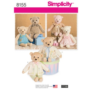 May include: A sewing pattern for making plush teddy bears. The pattern includes instructions for making five different bears, each with a unique outfit. The bears are shown wearing a variety of clothing, including a blue overall dress, a pink dress, a brown jacket, and a white jacket. The pattern is designed and printed in the USA.