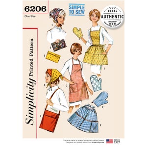 May include: A vintage sewing pattern for a gingham apron, a yellow floral apron, and a blue and white striped skirt. The pattern is from Simplicity and is number 6206. The pattern is labeled "Simple to Sew" and "Authentic 1960s Original Pattern".
