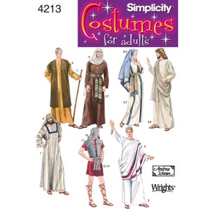 May include: Simplicity pattern 4213 for adult costumes. The pattern includes designs for a variety of biblical and Roman characters, including a shepherd, a Roman soldier, and a person in a toga. The pattern is illustrated with drawings of the costumes.
