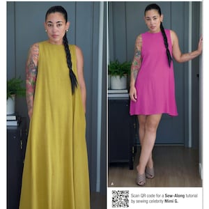 May include: Two women model dresses in this image. One wears a long, sleeveless, mustard-yellow dress. The other wears a short, sleeveless, fuchsia dress. The image includes the text "S3230", "mig", "A DIY & LIFESTYLE BRAND", "Simplicity", and "easy-to-sew".