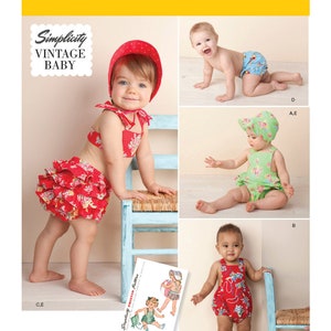 May include: Simplicity Vintage Baby sewing pattern #1600.  The pattern includes instructions for making a variety of baby clothes, including a red and white ruffled swimsuit, a green floral romper, and a red and white floral romper.  The pattern also includes instructions for making a hat.