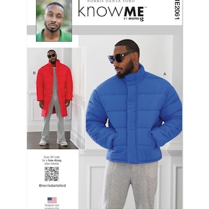 May include: A sewing pattern for a puffer jacket with two different color options: a red puffer jacket and a blue puffer jacket. The pattern is called "knowME" by mimig and is designed and printed in the USA.
