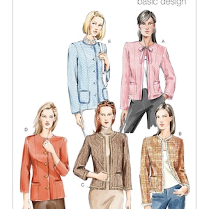 May include: A sewing pattern for a jacket with five different variations. The pattern is called Vogue Basic Design V7975.