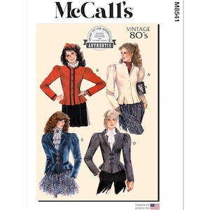 May include: Vintage 80's McCall's sewing pattern M8541 for a women's jacket with four different styles. The jacket has a fitted waist and puffed sleeves. The pattern includes additional size options and cutting layouts.
